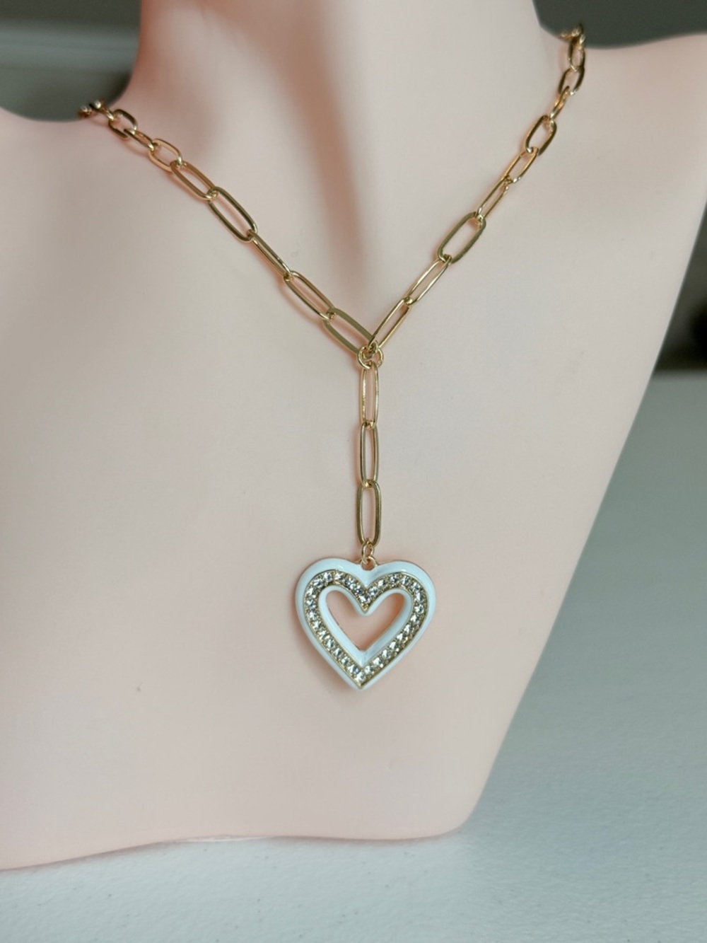 Gold-Tone Chain Necklace with White Heart Pendant - Picture 3 of 9